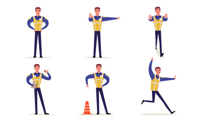 Fototapeta na wymiar Traffic Police Officer Collection, Policeman in Uniform and Vest Standing on Road and Making Signs with his Hands Vector Illustratio