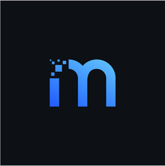 Letter M pixel design blue color. Technology and digital logotype vector concept