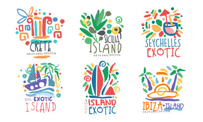 Tropical Exotic Islands Logo Design, Crete, Sicilia, Seychelles, Ibiza Vector Illustration