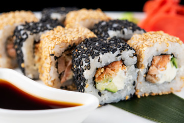 Closeup of sushi rolls