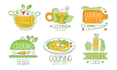 Cooking with Love Logo Design Collection, Cooking Class, Kitchen, Culinary Hand Drawn Badges Vector Illustration