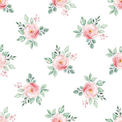 Seamless pattern with watercolor flowers roses, repeat floral texture, background hand drawing. Perfectly for wrapping paper, wallpaper, fabric, texture and other printing. 