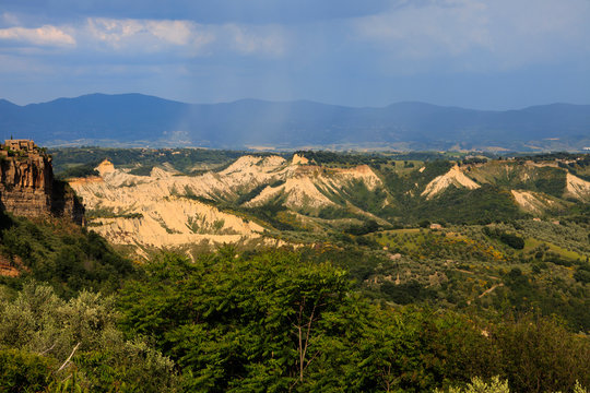 Civita di Bagnoregio (VT), Italy - May 15, 2016: Soft eroded clay landscape around Civita di Bagnoregio, Tuscia, Lazio, Italy