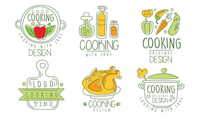 Cooking Time Logo Collection, Cooking with Love Hand Drawn Badges Vector Illustration