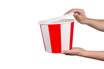 Women hand holding  bucket isolated on white background.For Fried chicken,pop corn , ice cream,Opening the lid
