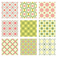 Spring floral pattern colleciton. Pink, yellow and green pattern elements in vector seamless pattern tiles. 