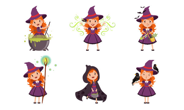 Lovely Little Witch Cartoon Character Collection, Cute Red Haired Girl in Purple Dress and Hat Vector Illustration