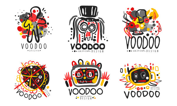 Voodoo Original Design Logo Collection, African or American Culture Hand Drawn Badges Vector Illustration
