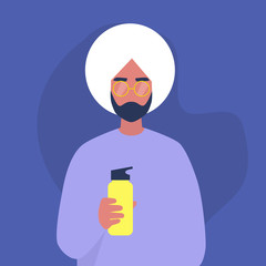 A portrait of a young indian male character drinking water from a metal reusable flask, heathy eco habits