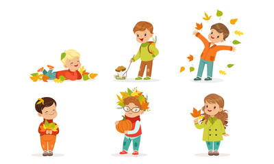 Cute Boys and Girls Playing with Autumn Leaves, Kids Throwing Leaves Up, Collecting Mushrooms, Outdoor Autumn Activities Vector Illustration