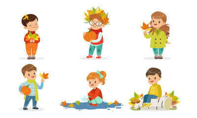 Outdoor Autumn Activities Collection, Cute Boys and Girls Playing with Autumn Leaves, Collecting Mushrooms Vector Illustration