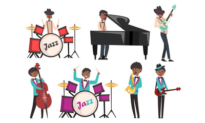 Fototapeta na wymiar Jazz Band, African American Musician and Singers Singing and Playing Different Musical Instruments Vector Illustration