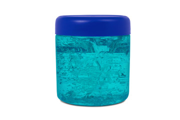  Hair gel in a blue plastic jar with blue lid isolated on white background.