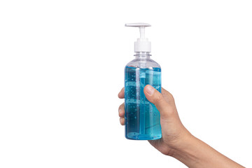 Man washing hands with alcohol gel isolated on white background