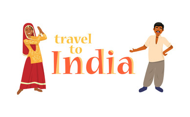 Welcoming to India banner. Indian woman in traditional dress and man welcoming to India.