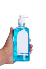 Hand holding hand cleansing gel bottle isolated on white background.
