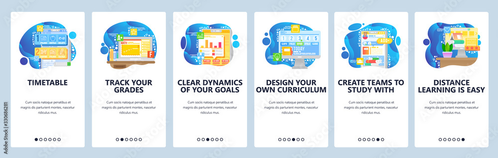 Poster school class schedule app. timetable, student community, grade chart, education. mobile app onboardi