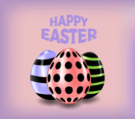 Happy easter poster. Basket with easter eggs. Vector drawing of multi-colored eggs with drawings on a white background.