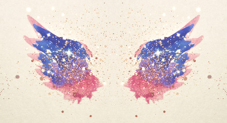 Golden glitter on abstract pink and blue watercolor wings in vintage nostalgic colors.