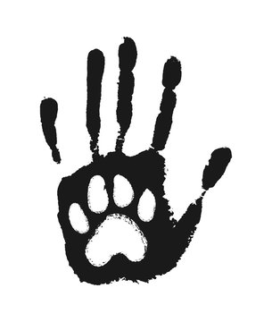 Animal paw and human handprint banner. Love pet concept.