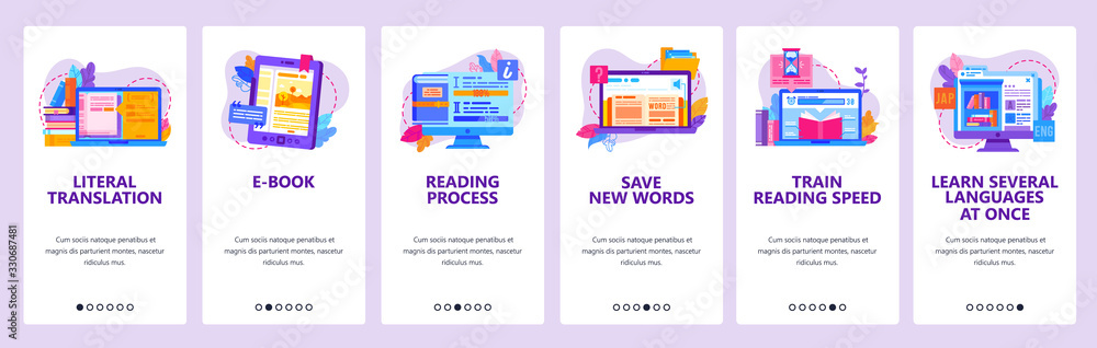 Poster digital electronic book library. study language online. read e-book, education technology. mobile ap