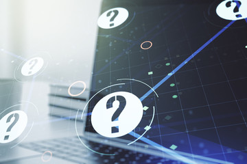 Creative concept of question mark illustration on modern laptop background. FAQ and search concept....