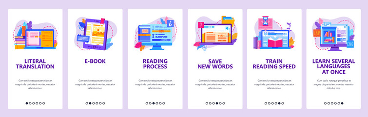 Digital electronic book library. Study language online. Read e-book, education technology. Mobile app screens. Vector banner template for website and mobile development. Web site design illustration