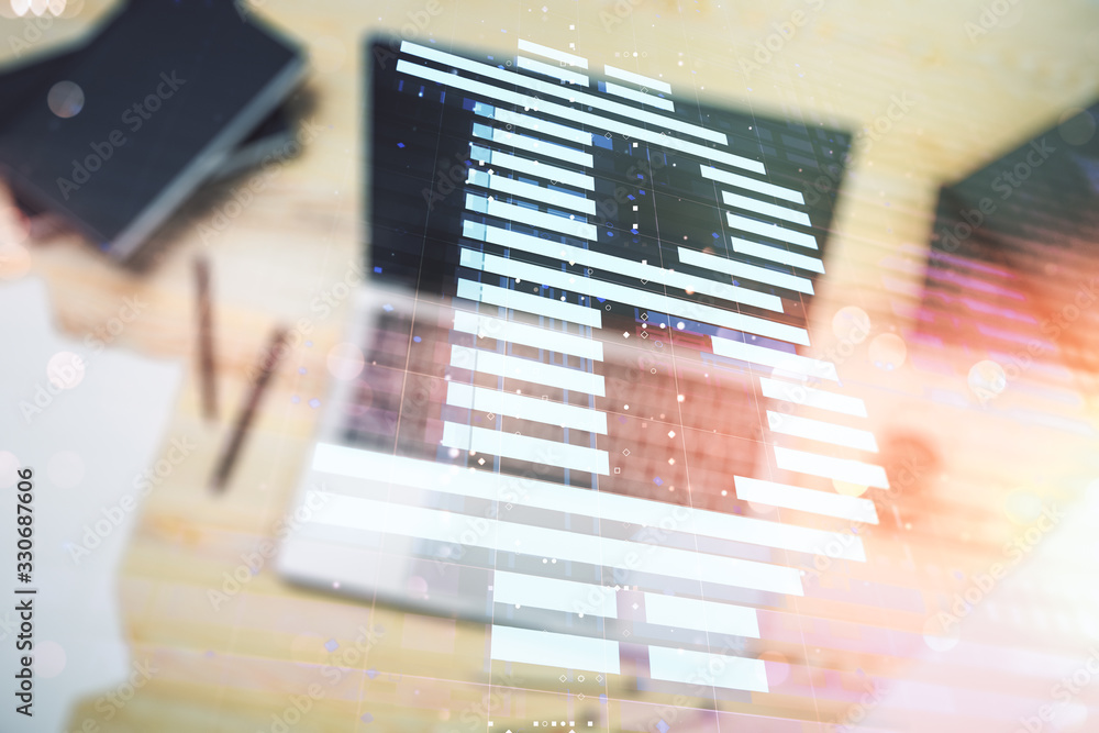 Poster double exposure of creative bitcoin symbol hologram with computer on background. mining and blockcha