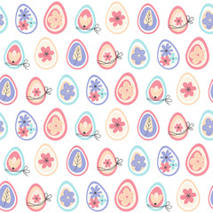 Seamless pattern happy Easter. Background with colorful decorated Easter eggs and spring flowers. Scandinavian hand drawn style. Vector illustration. Design for fabric, packaging paper, textiles.