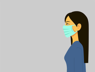 Novel coronavirus 2019-nCoV, woman in blue medical face mask. Concept of coronavirus quarantine. Vector illustration flat design. Isolated.