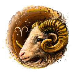 Aries is a sign of the zodiac. Artistic, color, hand-drawn image of the Aries zodiac with a symbol and star scheme in watercolor style on a white background.