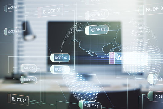 Multi exposure of abstract software development hologram with world map on laptop background, global research and analytics concept