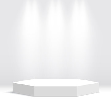 White hexagonal podium with spotlights. Pedestal. Vector illustration.