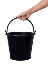 Hand holding Plastic bucket isolated on white background 