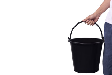 Hand holding Plastic bucket isolated on white background 