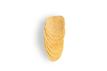 Potato chips isolated on white background. Top view