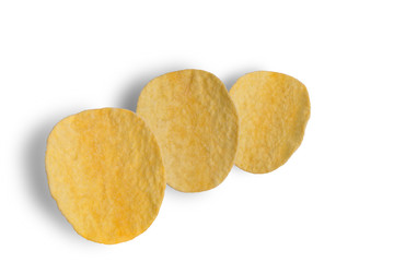 Potato chips isolated on white background. Top view