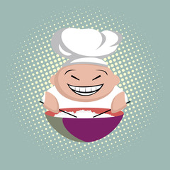 Funny asian cook with chopsticks cooks rice in a plate, chinese restaurant sign