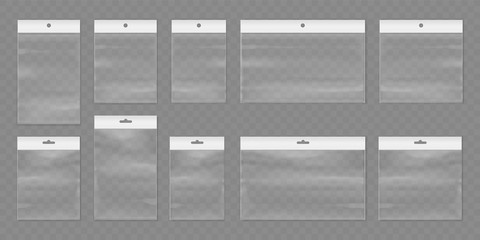 Vector plastic bags with hangers. Transparent pack with ziplock or lock. Set of isolated mockup of blank or empty sachet. Container or storage for medical product or evidence, food. Packaging theme