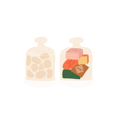 Bathroom accessories decor set. Two glass containers with a lid for cotton balls and multi-colored blocks of organic soap. Flat vector hand drawn illustration on isolated background.