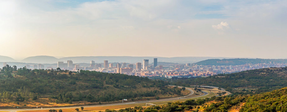 Pretoria skyline with road leading into city, South Africa