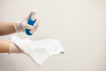 Deep cleaning for Covid-19 disease prevention. alcohol,disinfectant spray on Wipes of Banister in home for safety,infection of Covid-19 virus,contamination,germs,bacteria that are frequently touched .