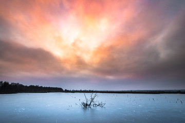 Himmelmoor Moor Landscape Sunset in Winter with Ice 