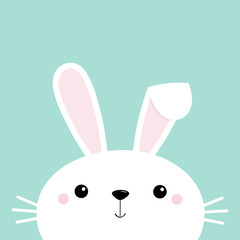 Bunny rabbit face head. Cute cartoon kawaii funny baby character. Long ears. Happy Easter. Farm animal collection. Blue background. Spring greeting card. Isolated. Flat design