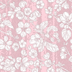 Seamless pattern with blooming branches of quince and apple tree on texture background. Floral vector background.