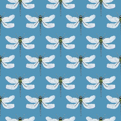 Dragonflies seamless pattern. Watercolor hand-drawn dragonfly background.