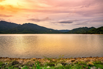 View of landscape nature and river with mountain and color of sunlight