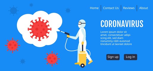 coronavirus prevention spray website interface with proper precautionary costume wearing charter template in flat style,