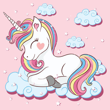 Cute unicorn on cloud vector illustration, children artworks, fashion graphic, wallpaper and greeting card designs.