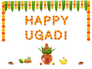 Happy Ugadi Greeting Card Background With Decorated Kalash and mangoes traditional new year festival in karnataka andra paradesh and tamil nadu tamil varusha pirappu